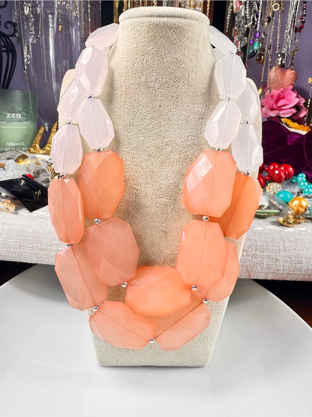 Peach & Frosted White Faceted Bead Statement Necklace